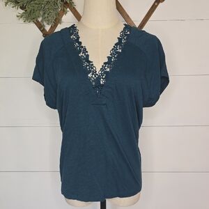 By Anthropologie Teal Blue Lace Trimmed Short Sleeved Blouse Size S
